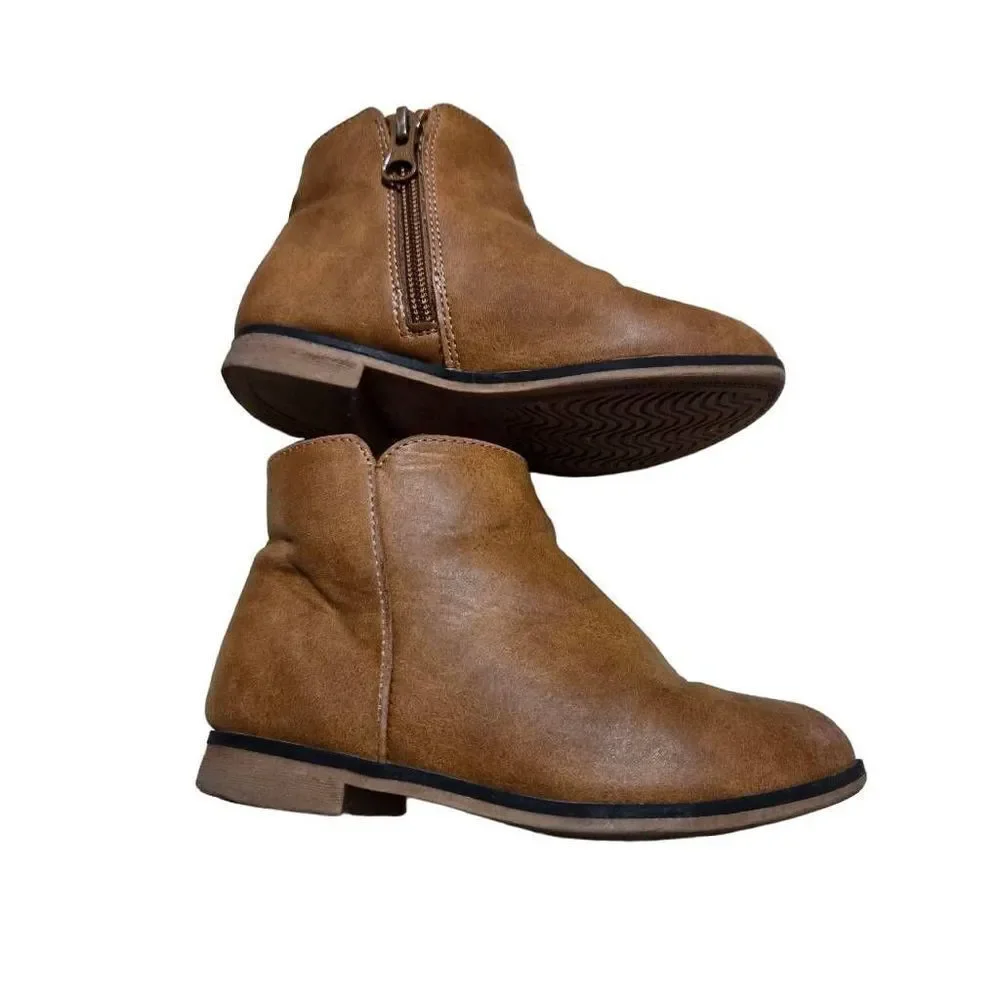 Cat & Jack Girls Size 10 Brown Cognac Zip-Up Ankle Boots Faux Leather